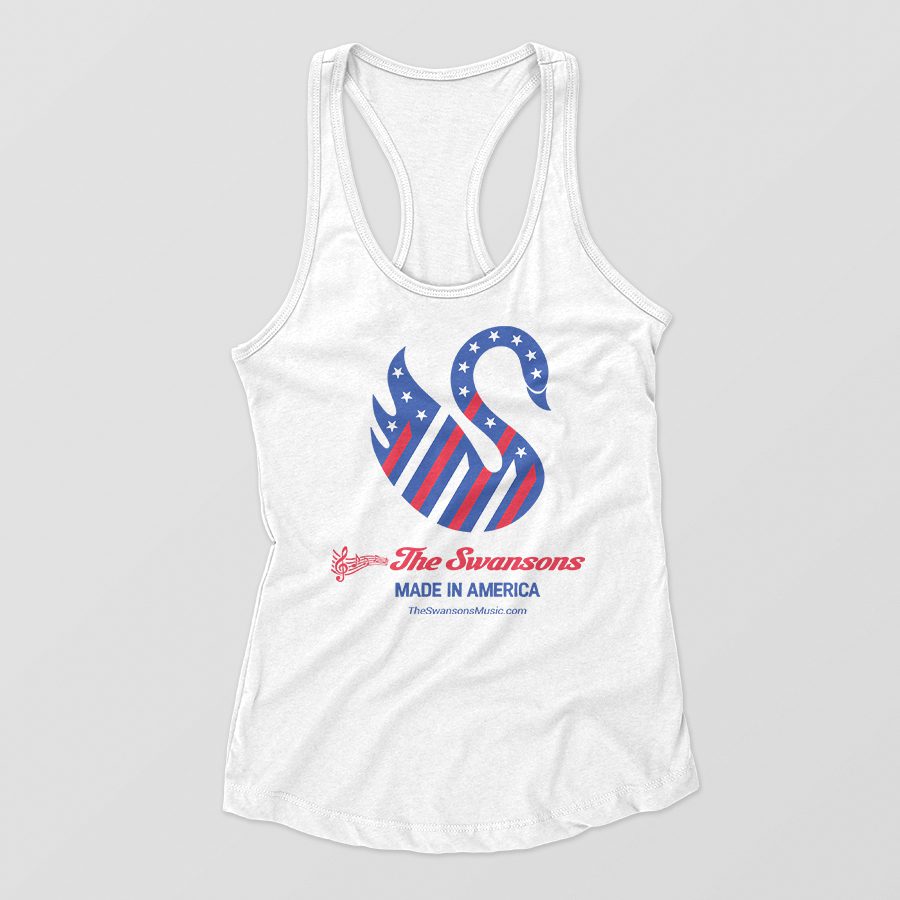 A white tank top with a swan on it.