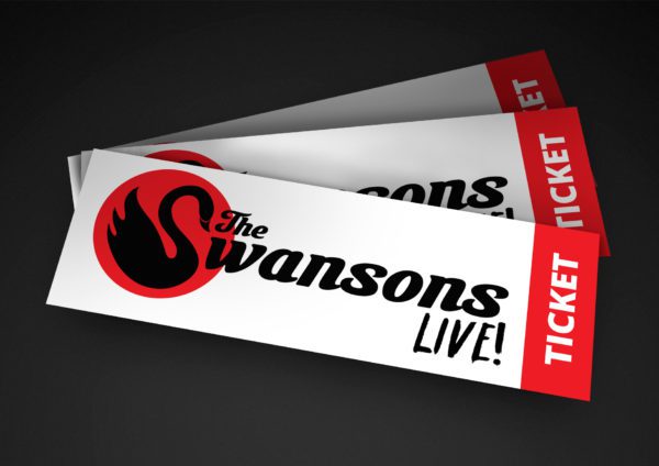 The swansons live tickets on a black background.