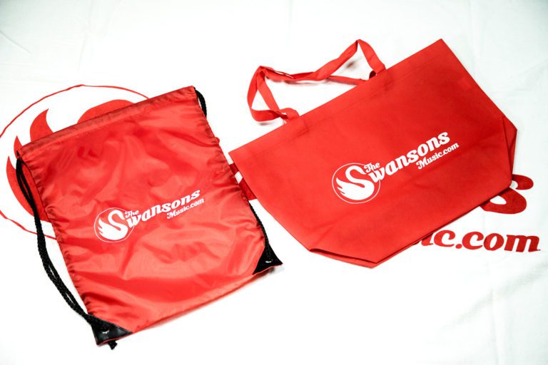 A red drawstring bag and a red drawstring bag.