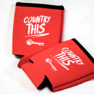 Two red can coolers with the word country this on them.