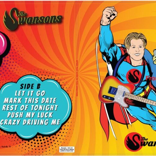 ORDER 'Bam' By The Swansons (12' VINYL) poster with a super hero and a guitar.