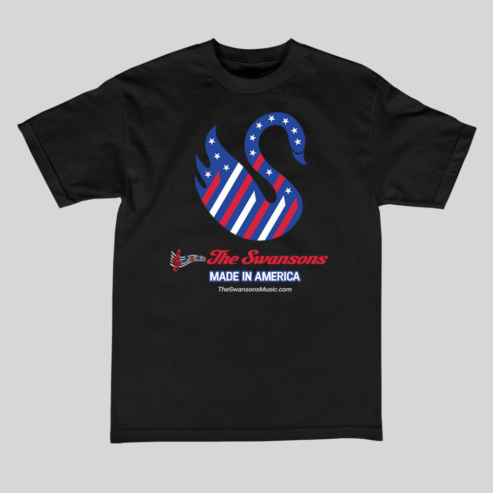 A black Swansons Made In America T-Shirt with a red, white and blue swan on it.