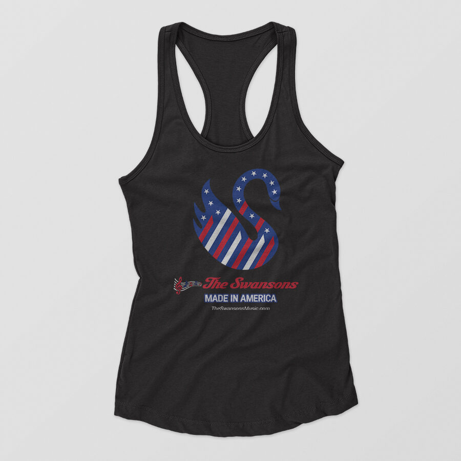 A black Swansons Made In America Razorback Tank with an american flag on it.